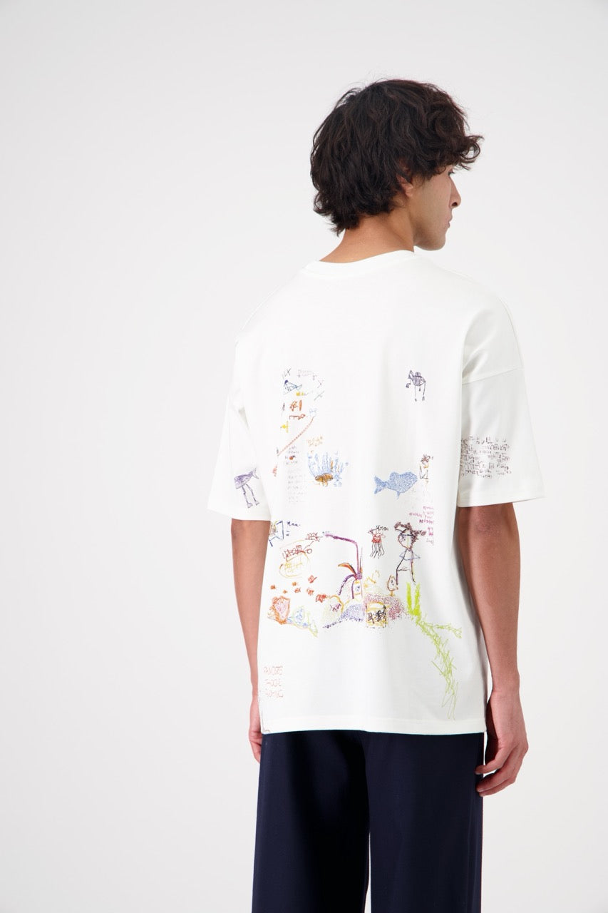 SUN oversized unisex cotton and SeaCell T-shirt, back side view on man model