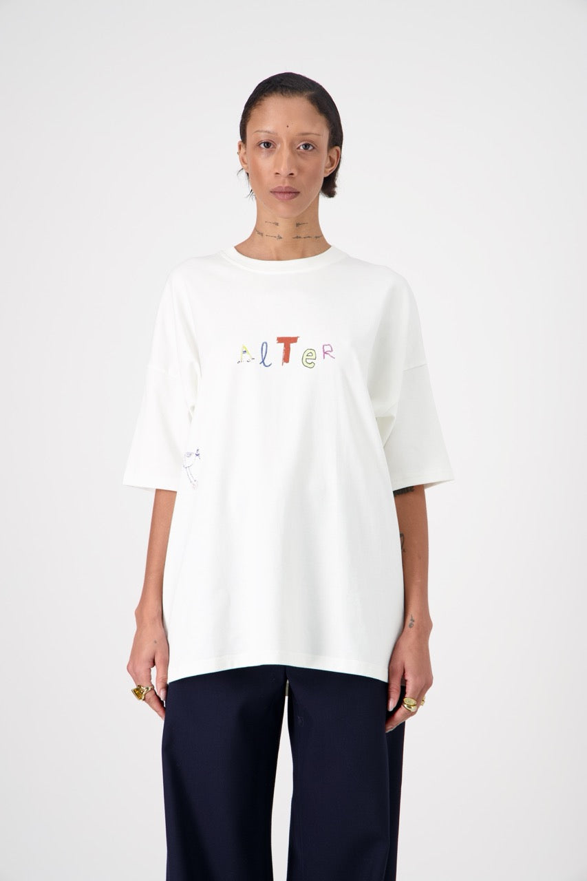 SUN oversized unisex cotton and SeaCell T-shirt, front view on woman model