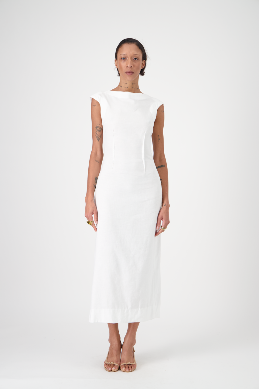 TANYA textured cotton-linen canvas long dress, white, front view on model