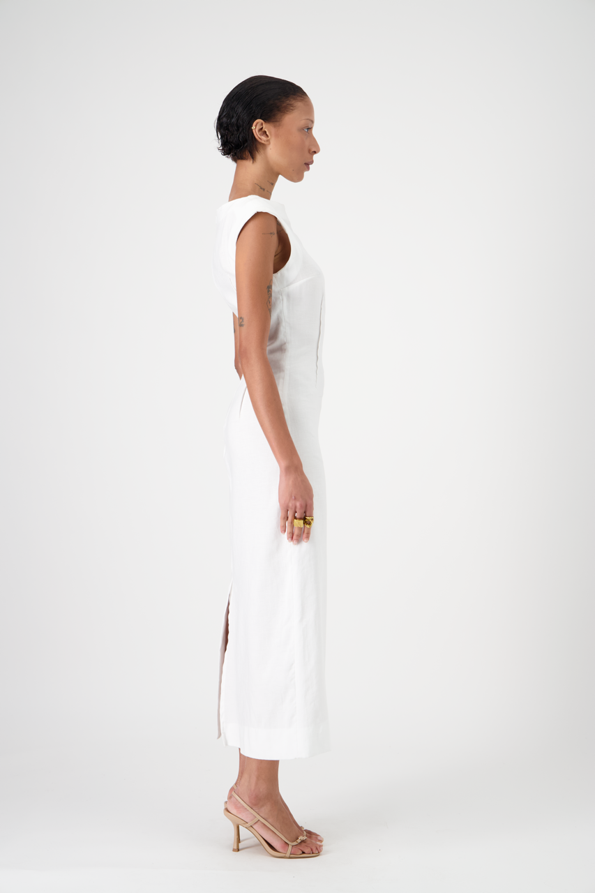 TANYA white textured cotton-linen canvas long dress,  side view on model