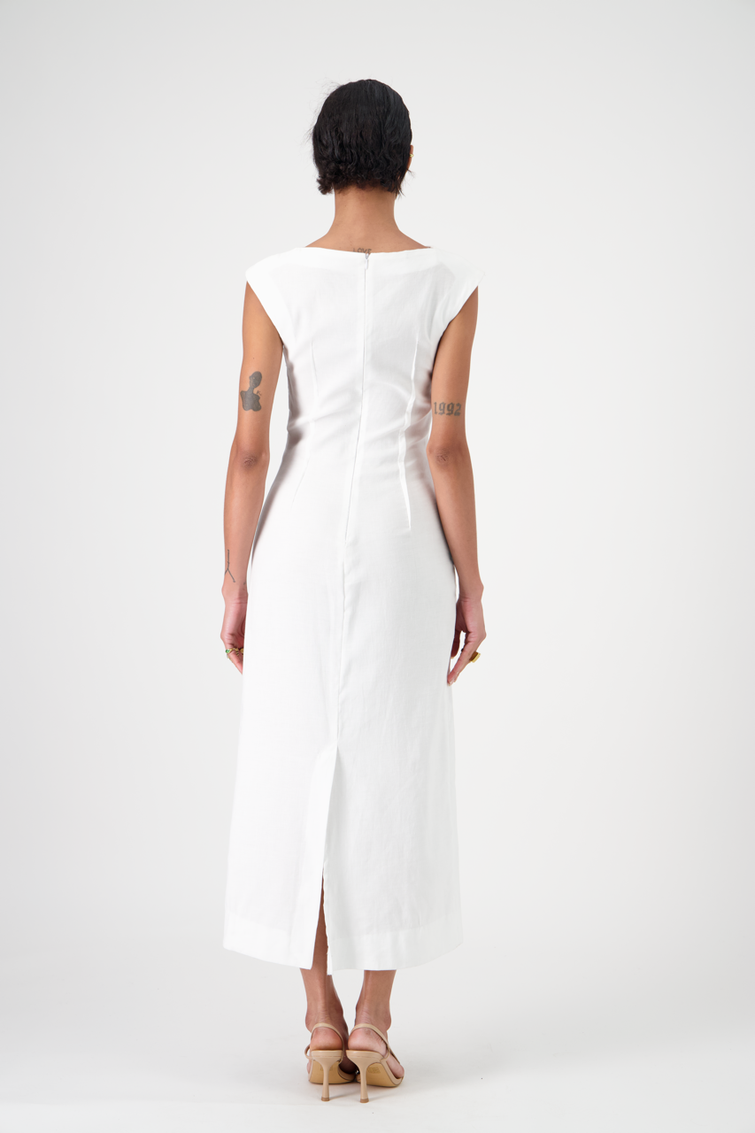 TANYA white textured cotton-linen canvas long dress, back view on model