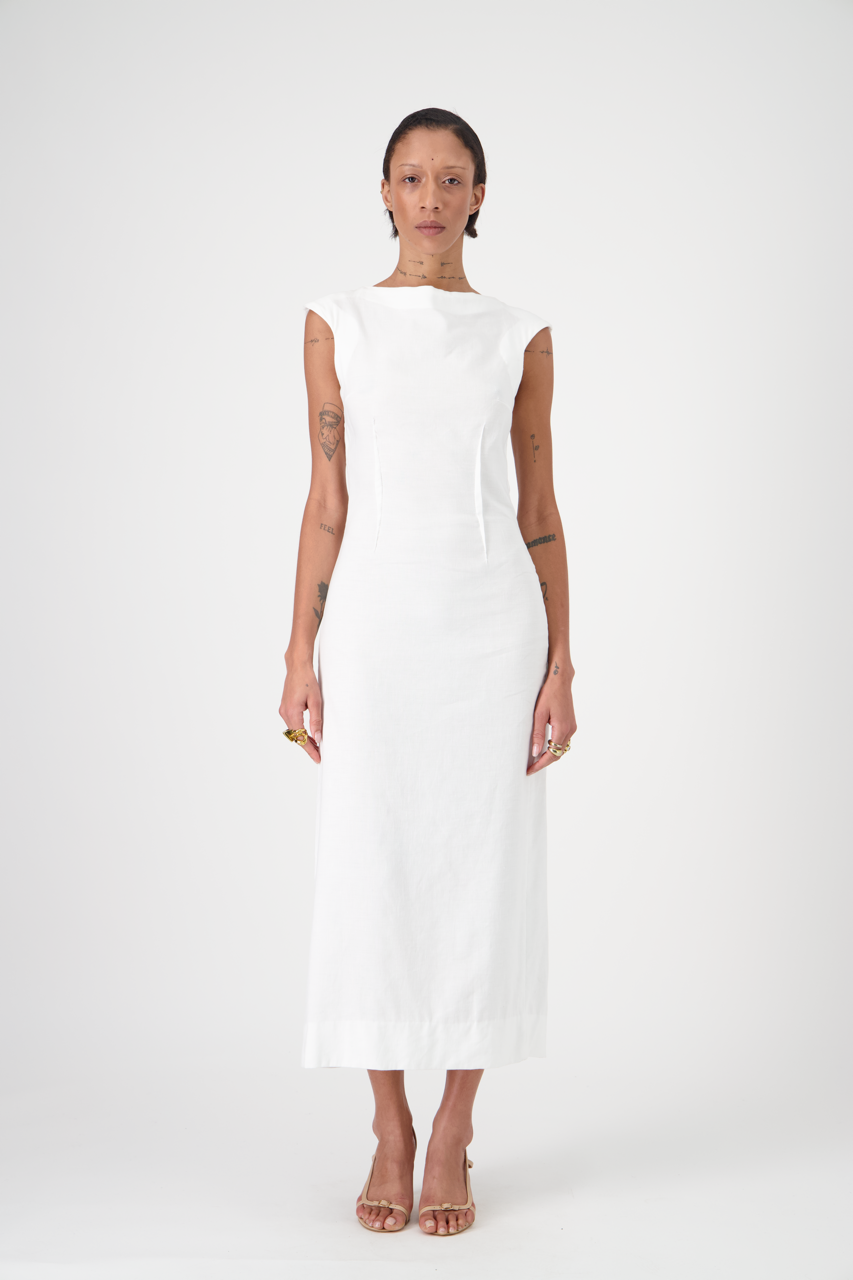 TANYA white textured cotton-linen canvas long dress, front view on model