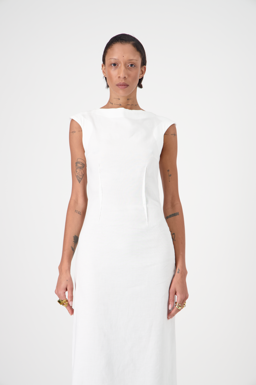 TANYA white textured cotton-linen canvas long dress, front view on model, close view
