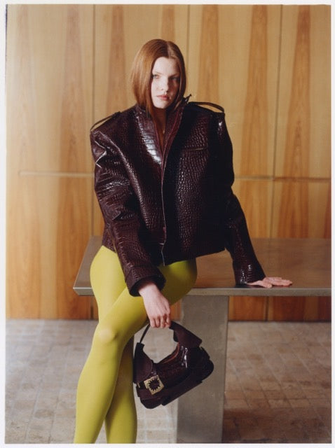 CULOTTE bag in leather, Alter Designs signature accessory, on model