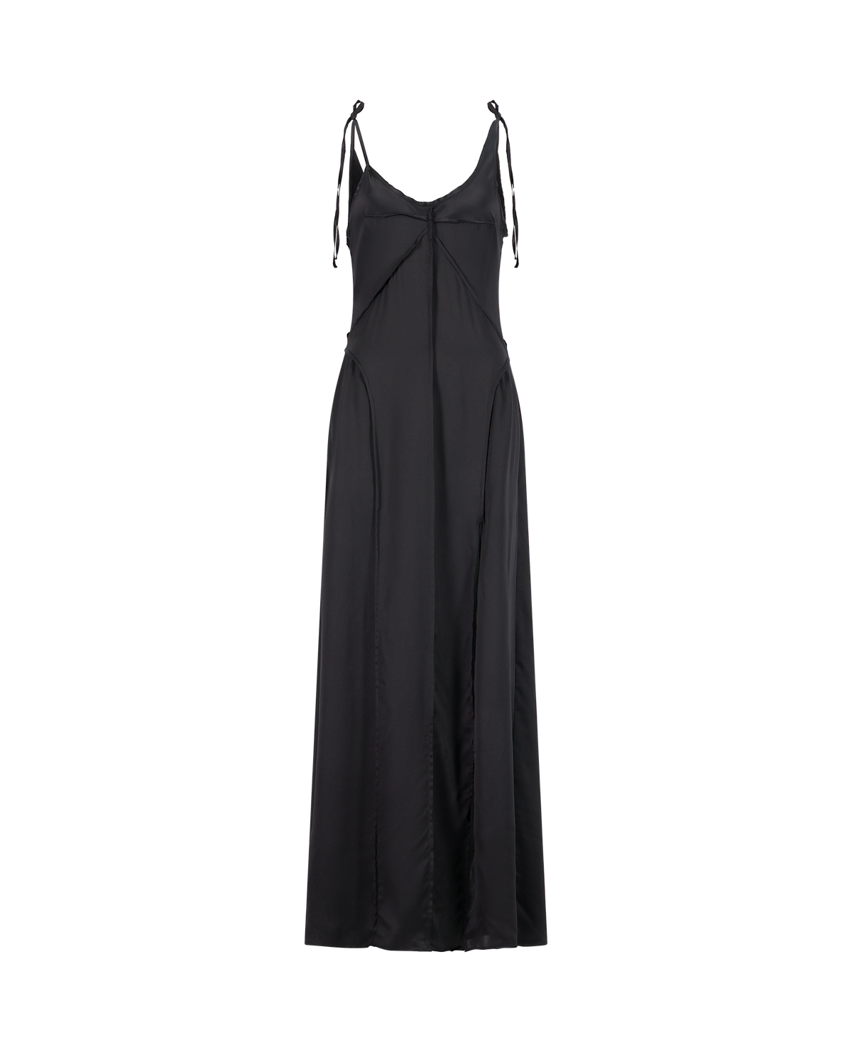 ODREY black silk dress with asymmetrical straps, front view