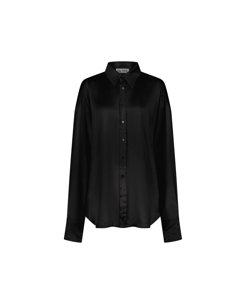 DOM oversized black silk shirt, front view