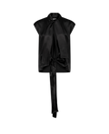 LAVI black silk wrap top with lavallière collar, front view