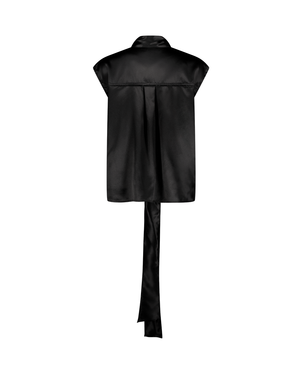 LAVI black silk wrap top with lavallière collar, back view