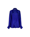 DOM blue vegan silk shirt, oversized fit, front view