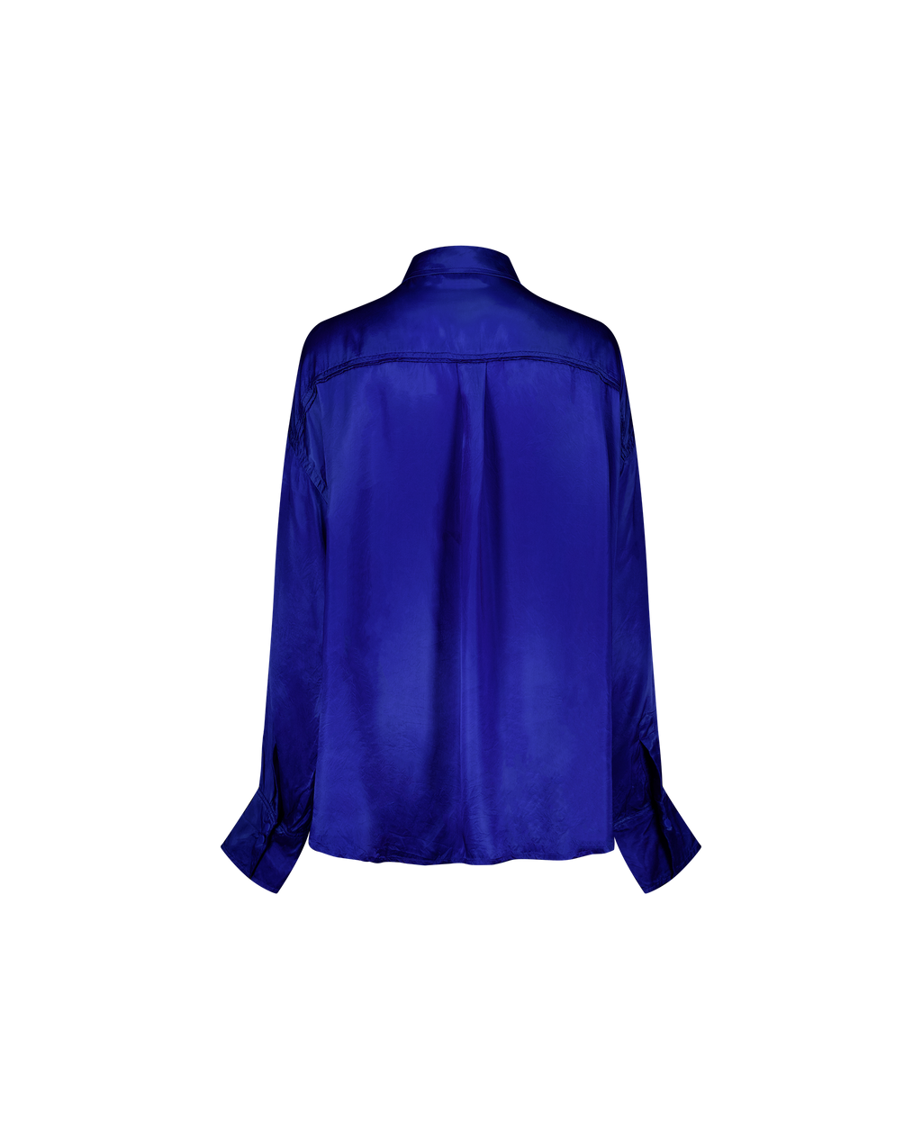 DOM blue vegan silk shirt, oversized fit, back view