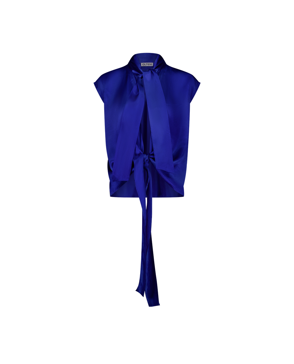 LAVI blue vegan silk wrap top, lavallière collar, front view, closed