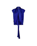LAVI blue vegan silk wrap top, lavallière collar, front view, closed