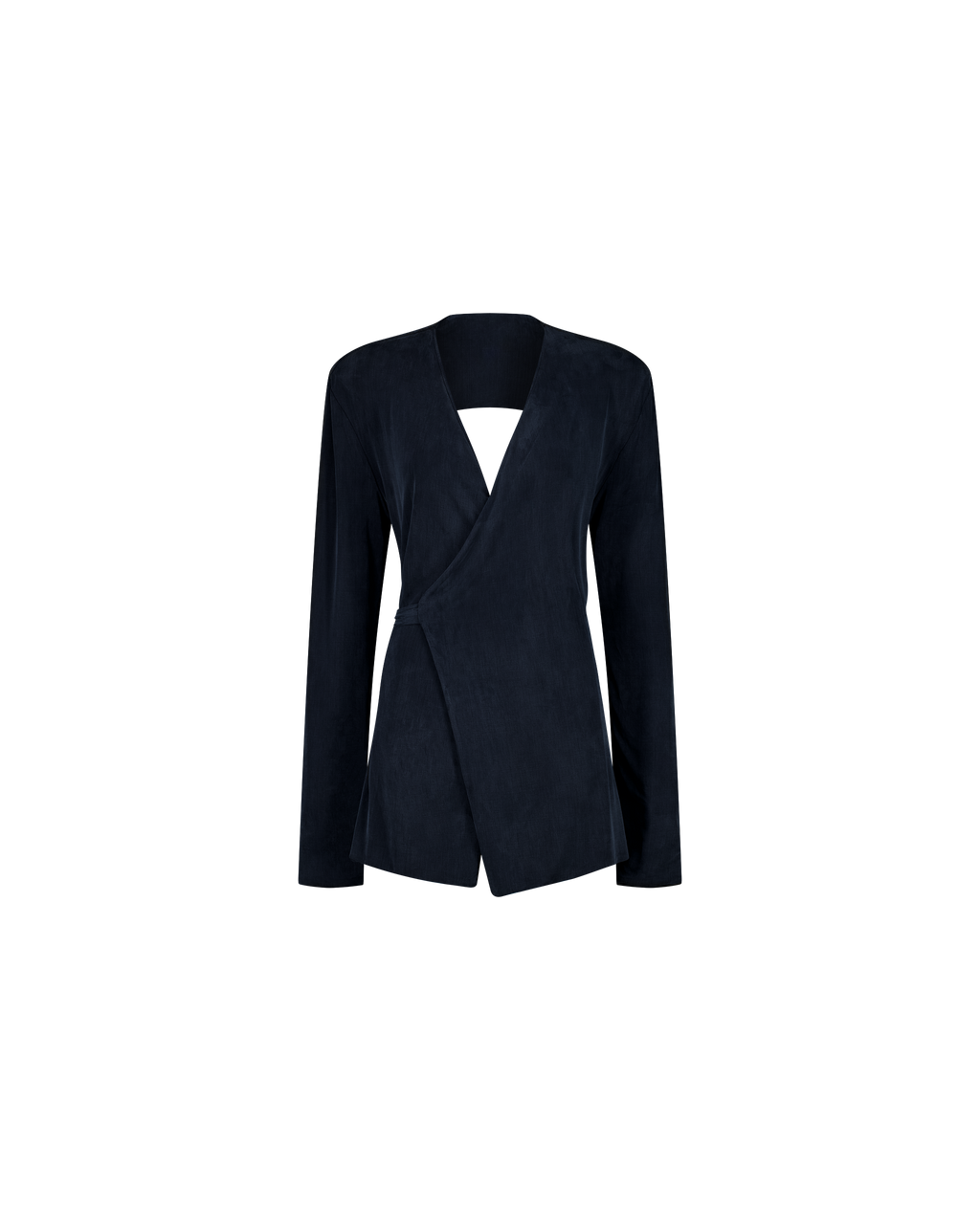 LISA navy jersey wrap blazer with open back, front view