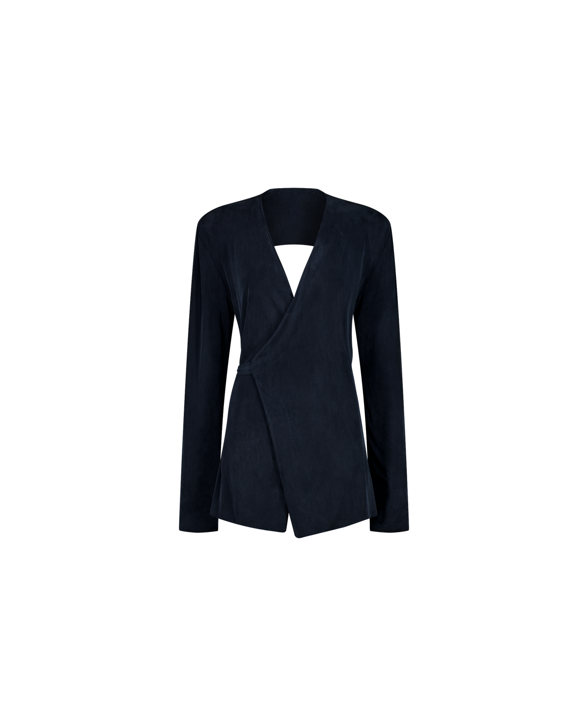 LISA navy jersey wrap blazer with open back, front view