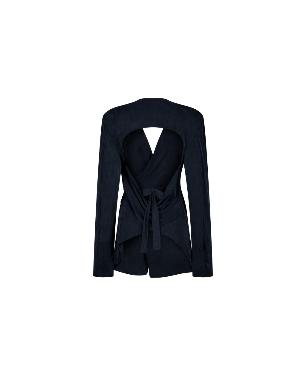 LISA navy jersey wrap blazer with open back, back view