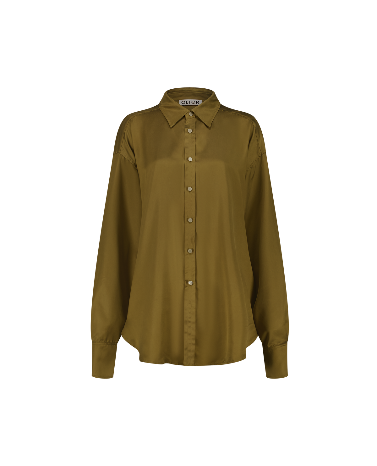DOM golden-brown satin vegan silk shirt, front view