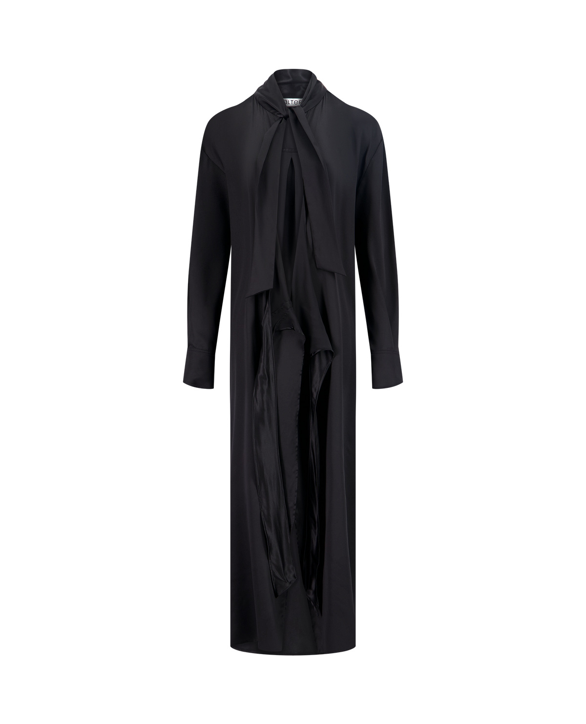 LAVA black silk wrap dress with lavallière collar, front view, open, closed collar