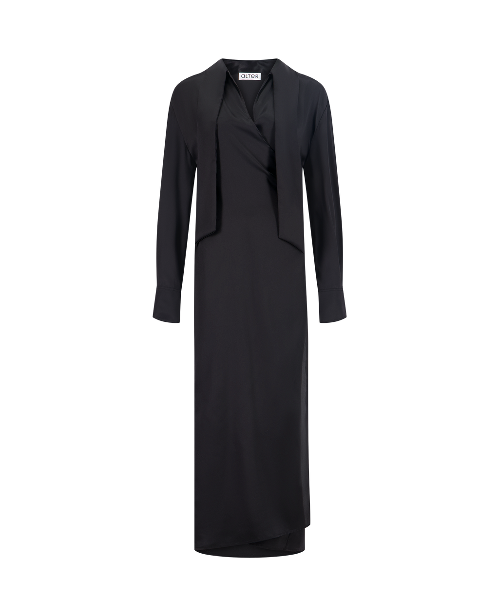 LAVA black silk wrap dress with lavallière collar, front view, closed, open collar