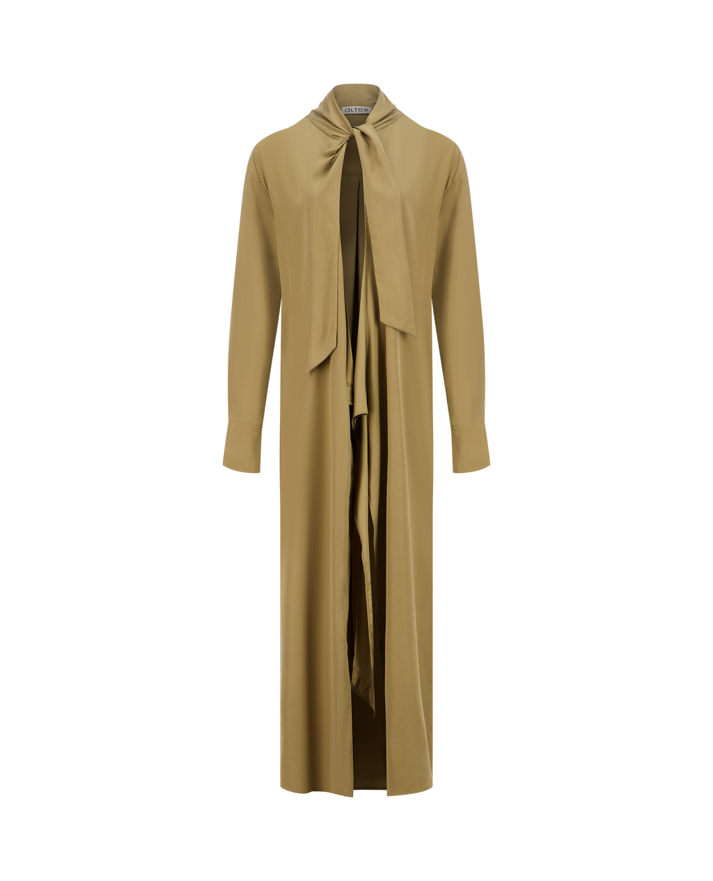 LAVA golden-brown vegan silk wrap dress, front view, open