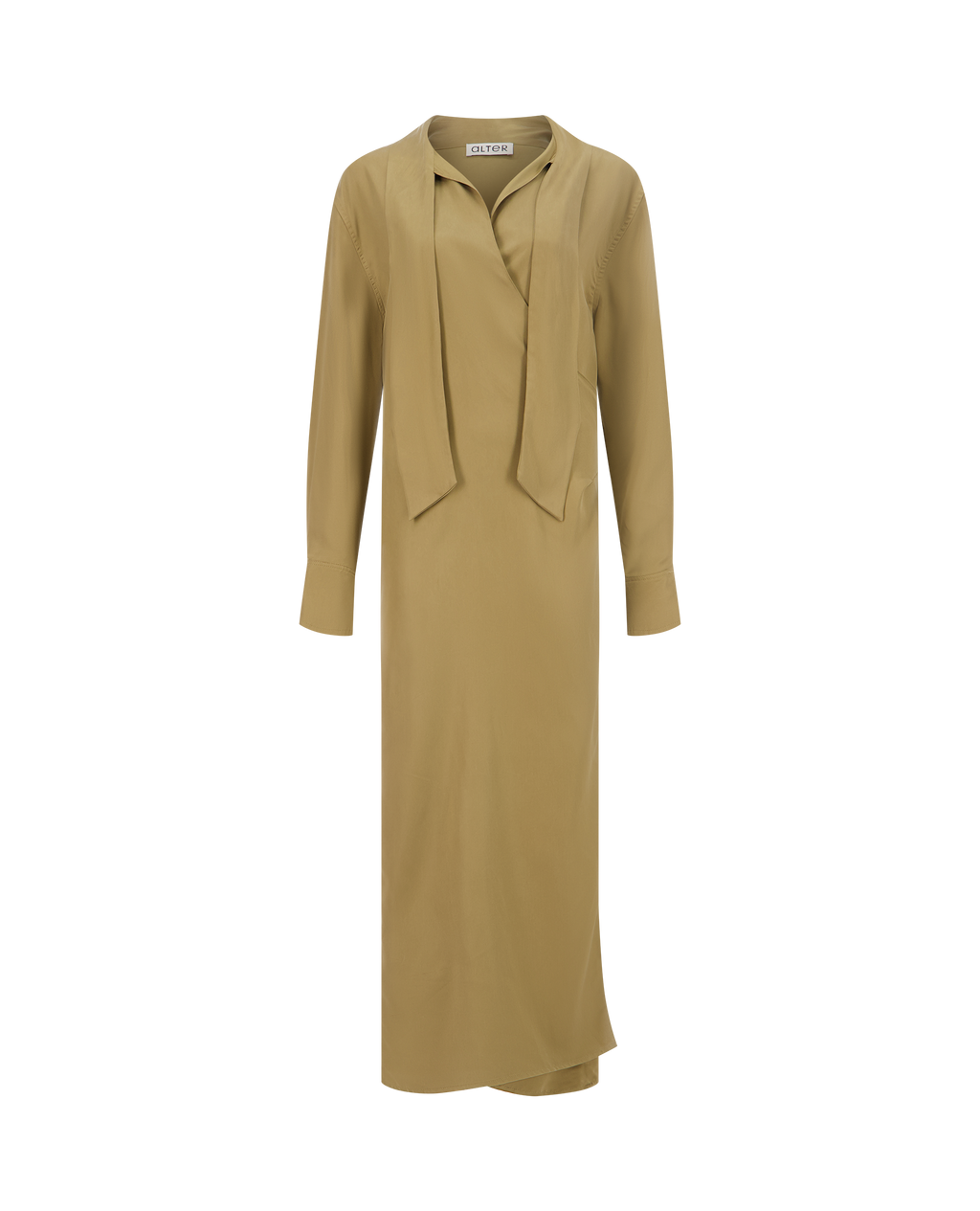 LAVA golden-brown vegan silk wrap dress, front view, closed