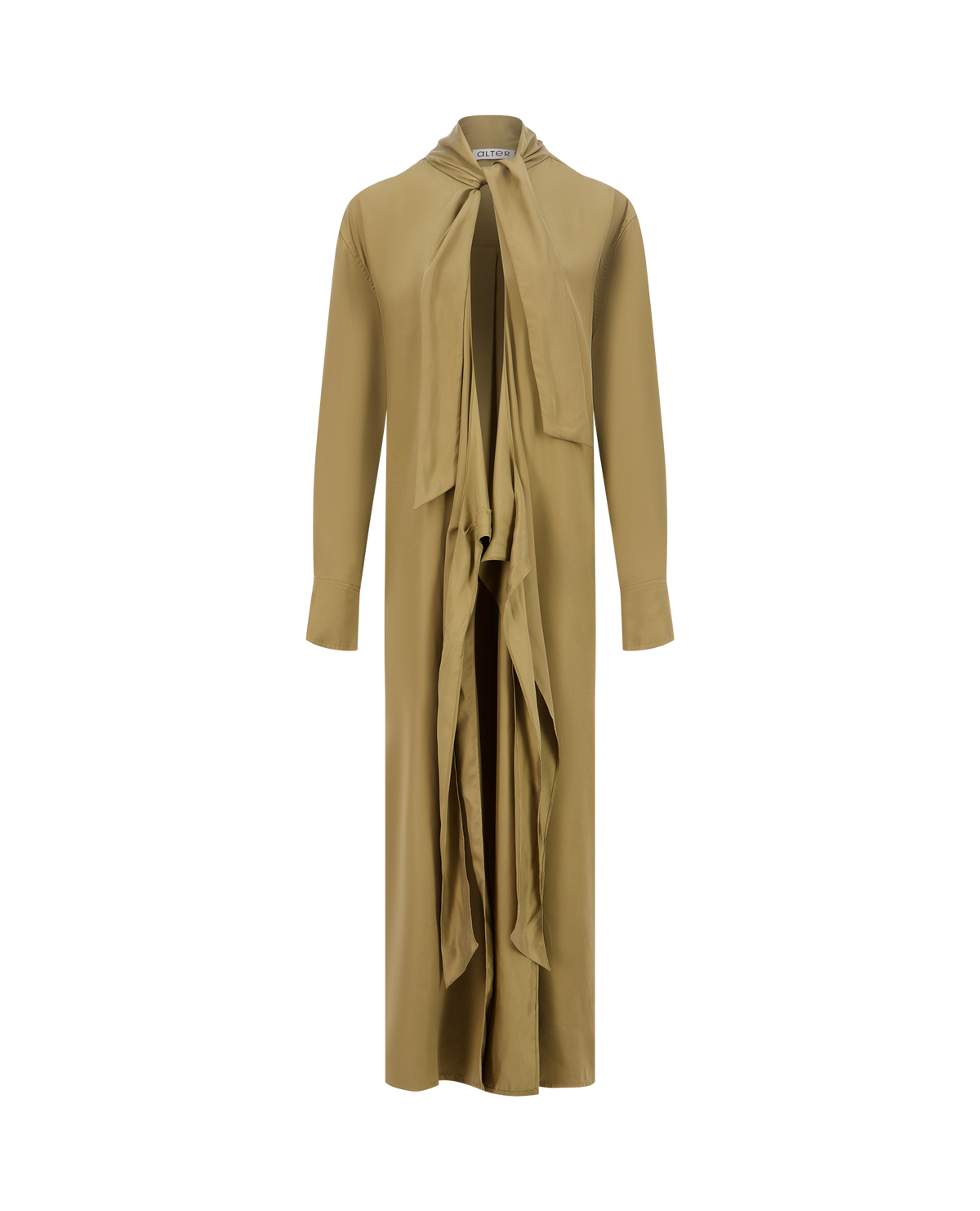 LAVA golden-brown vegan silk wrap dress, front view, collar closed