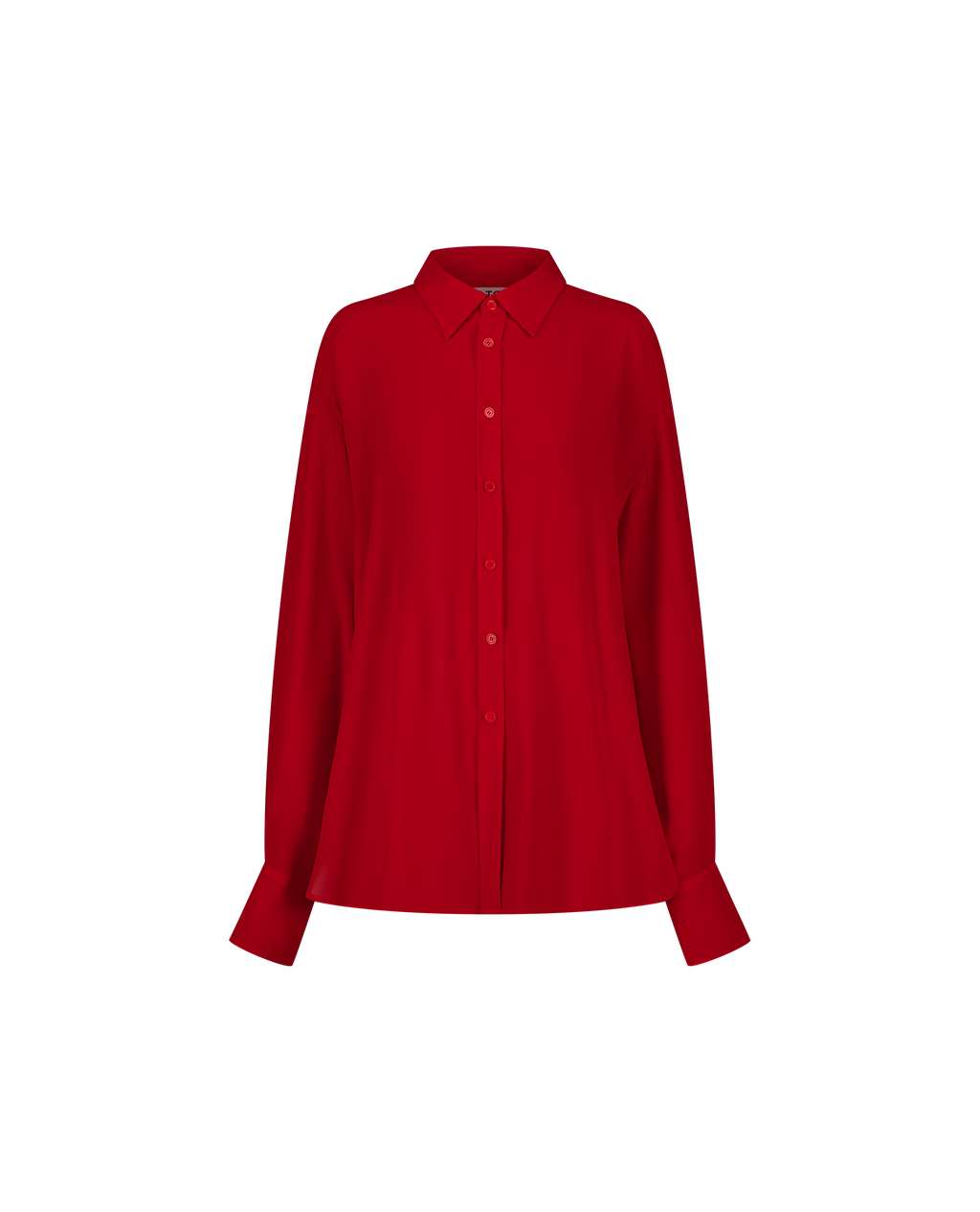 DOM cherry red silk shirt, oversized fit, front view