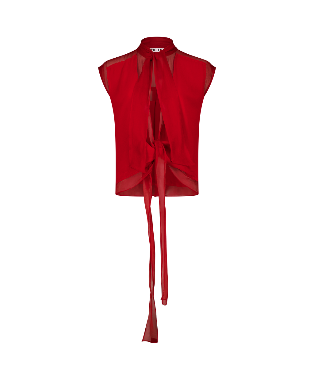 LAVI cherry red silk wrap top, lavallière collar, front view, closed 