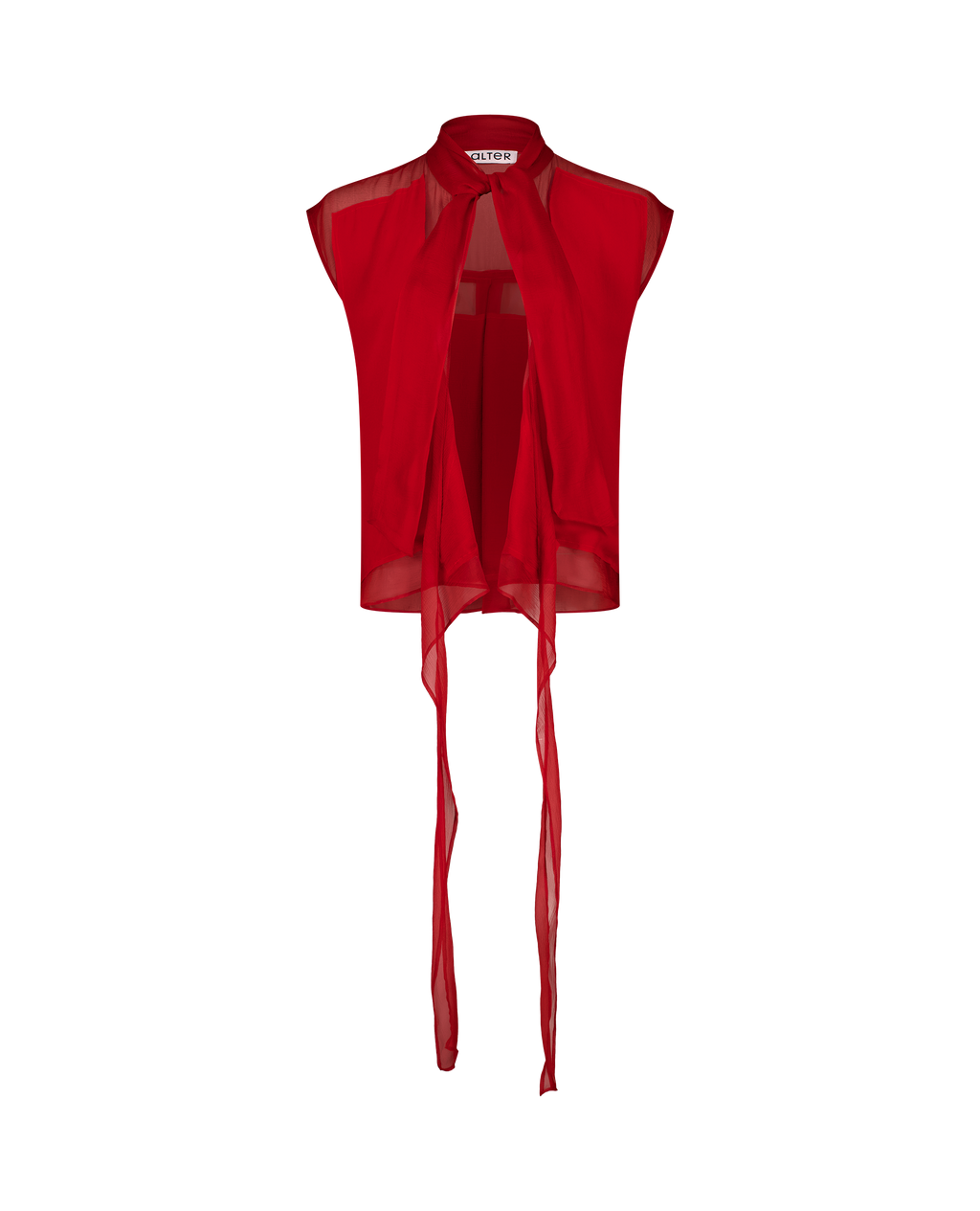 LAVI cherry red silk wrap top, closed lavallière collar, front view