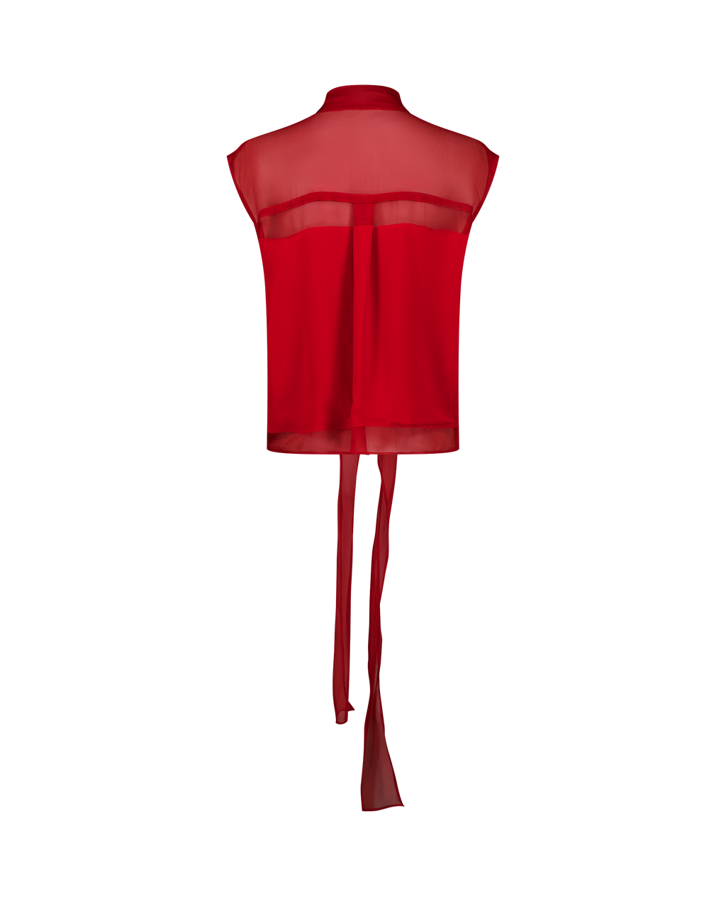 LAVI cherry red silk wrap top, lavallière collar, back view