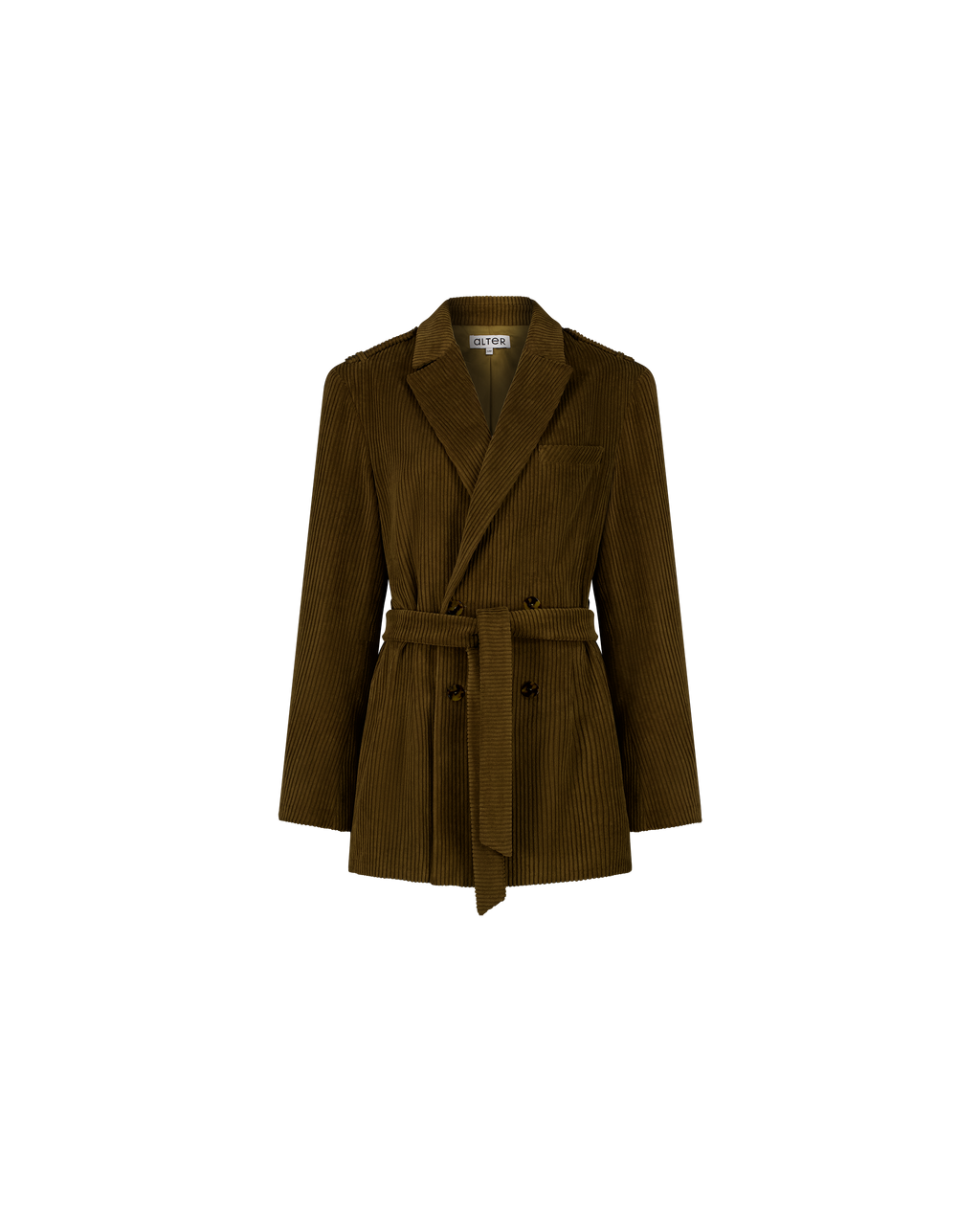 PAULINE corduroy double-breasted blazer with belt, front view